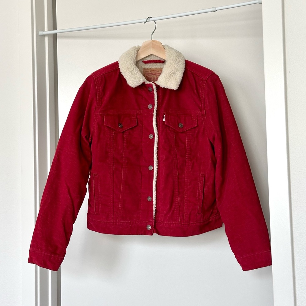 Vintage Rare Levi’s Red Corduroy Shearling Sheepskin Trucker Jacket
